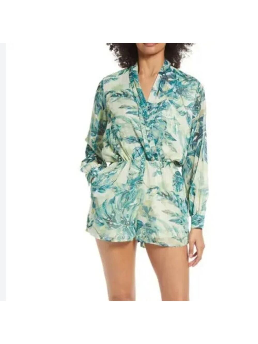 BTFL-Life Green Palm Tree Print Long Sleeve Lightweight Romper Women's Size XS